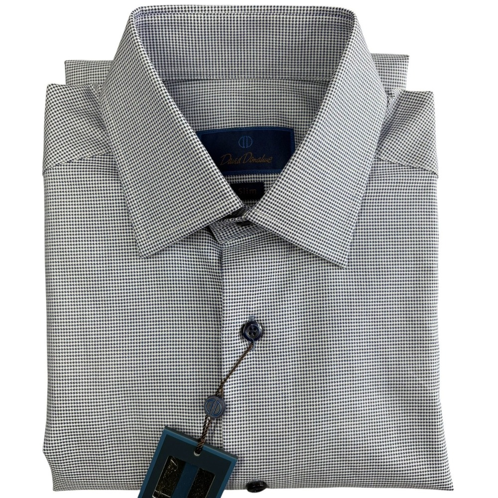David Donahue Slim Fit Dress Shirt Mens 15 Navy Blue White Micro Geometric NWT